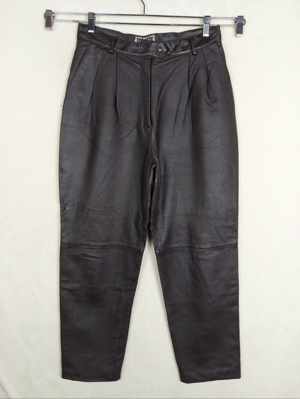 100%Leather Pleated Tapered Leg High Waist Pants Brown Womens 14 VTG 80/90s Flaw